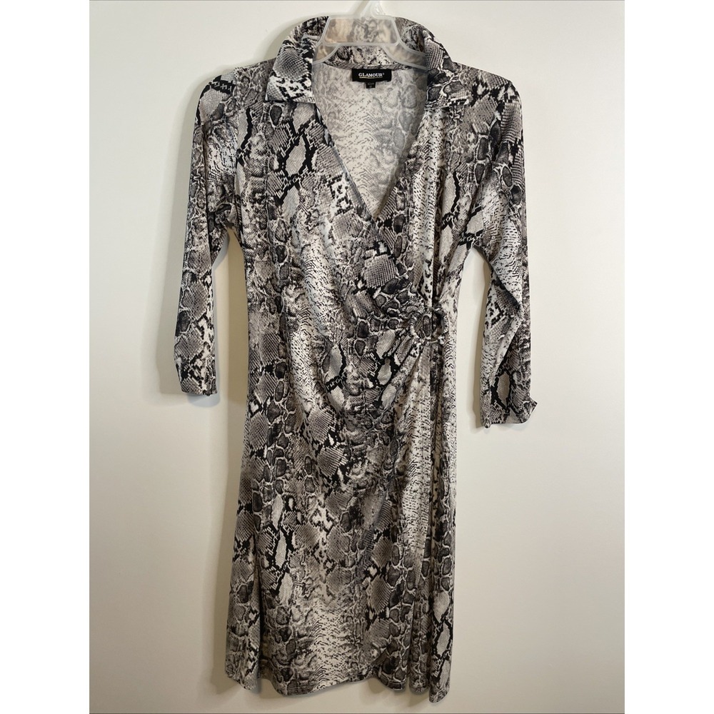 Glamour Size 12 Snake Print Faux Wrap Midi Dress Gray Black